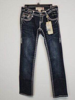 Laguna Beach Crystal Embellished Jeans Size 30 Low Rise Y2K Fleur de Lis Ornate